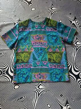 Vibrant Teal & Pink Abstract Short-Sleeve Blouse